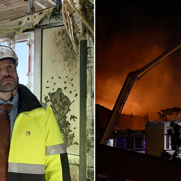 Till vänster Landskronahems vd Mikael Forsberg i ett av de brandskadade husen på Koppargården. Till höger bild från räddningstjänstens släckningsarbete vid brandkvällen.