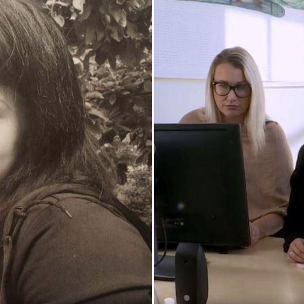Till vänster bild på Jennie Tholander. Till höger bild på Johanna Clausen och Ida Jönsson sittandes vid en datorskärm.