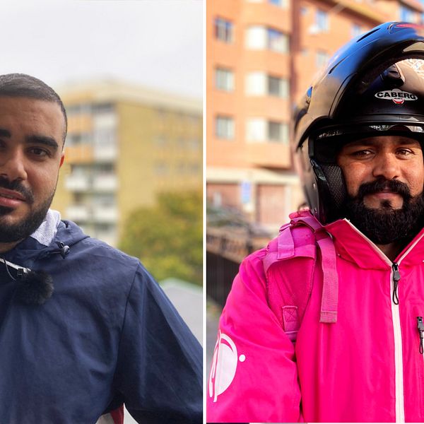 Till vänster Chamdin Alnader ståendes utomhus med lägenhetshus ur fokus i bakgrunden. Till höger Muhammed Quadeer, iklädd Foodora-jacka och mopedhjälm, ståendes med en restaurang och uteservering i bakgrunden.