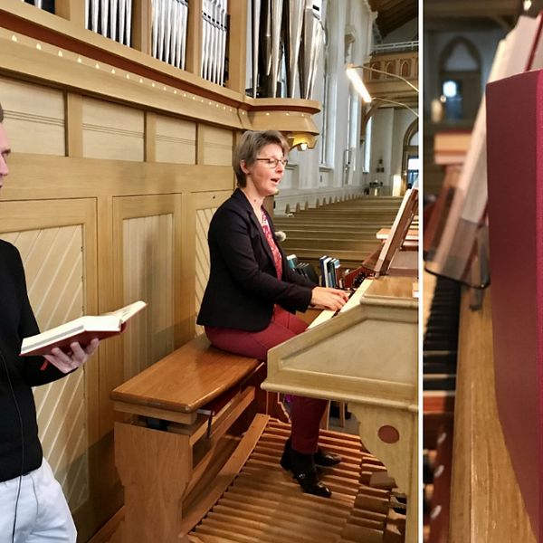Två organister spelar och sjunger i montage med en bild på en psalmbok.