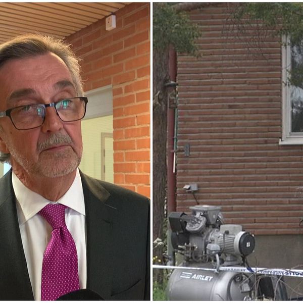Advokat Gunnar Falk och huset där en man hittades mördad 2015.