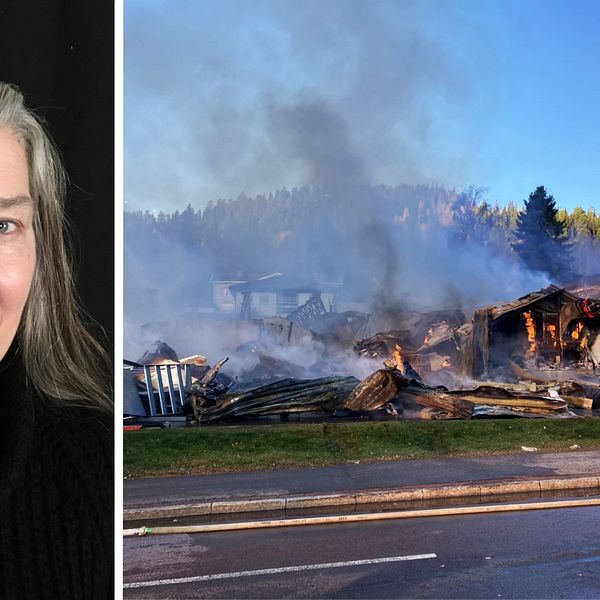 Bilden är ett collage i två delar med lodrät avskiljare. Vänster del: Porträttfoto på Annette Santsen, representant för Postnord. Höger del: En brandman står framför en nedbrunnen byggnad.