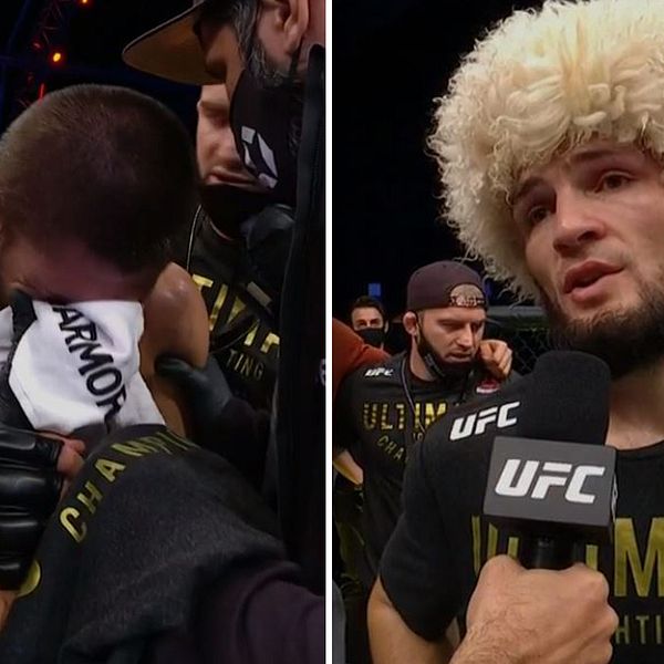 UFC-stjärnan Khabib Nurmagomedov meddelar efter vinsten att han lägger av.