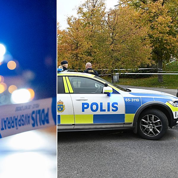 Bilden visar en polisbil med blåljus och ett avspärrningsband samt en utryckning där ett misstänkt farligt föremål hittats på Von Linges väg på Rosengård i Malmö.