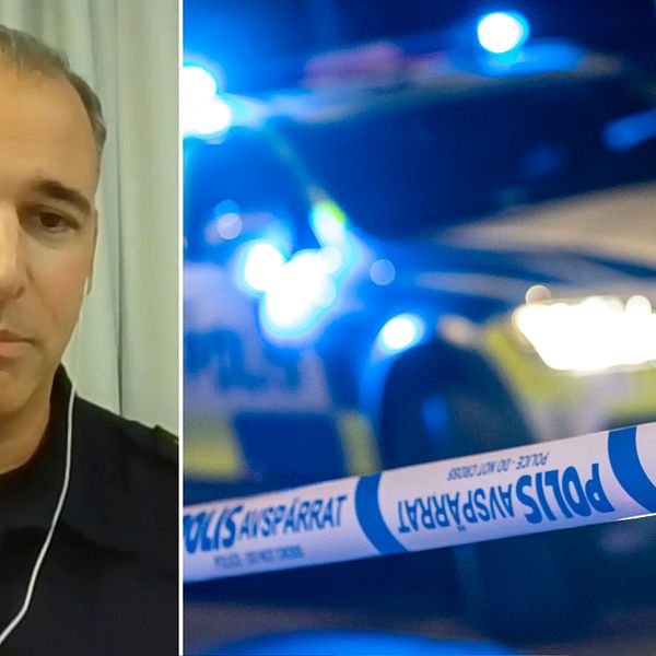 närbild medelålders man i polisskjorta, samt genrebild på polistejp och polisbil med blåljus