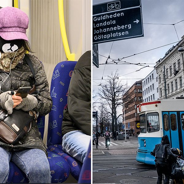 Kvinna med munskydd i Stockholms tunnelbana/spårvagn i Göteborg.