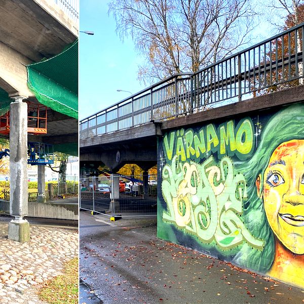 Bilden är ett collage. Den vänstra sidan föreställer två skyliftar som står under en bro. Undersidan av bron är täckt av grönt nät och det ser ut som om de håller på med renoveringsarbete. Den högra sidan föreställer en vägg, vid samma bro som, som målats med graffiti. Väggmålningen är grön och föreställer ett kvinnoansikte med grönt hår. På hennes vänstra sida står det skrivet ”Värnamo”.