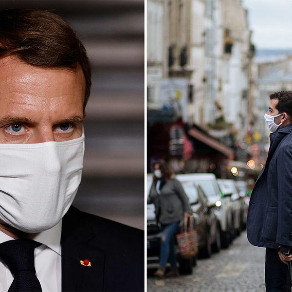 Emmanuel Macron och fotgängare med munskydd i Paris.