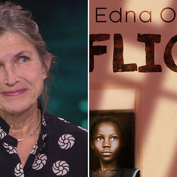 Ingrid Elam och omslaget till Edna O'Briens Flicka som föreställer en flicka som tittar uppåt.