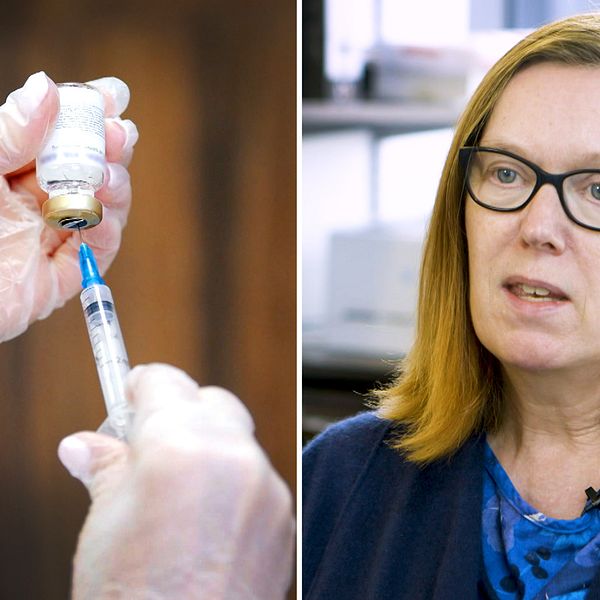 En bild på en spruta som suger upp vaccin ur en flaska, samt en bild på Sarah Gilbert som är forskningsledare på University of Oxford