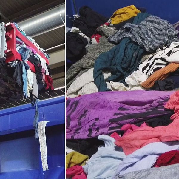 Delad bild. Till vänster: klädhög lyfts med gaffeltruck. Till höger: blandade kläder i container.