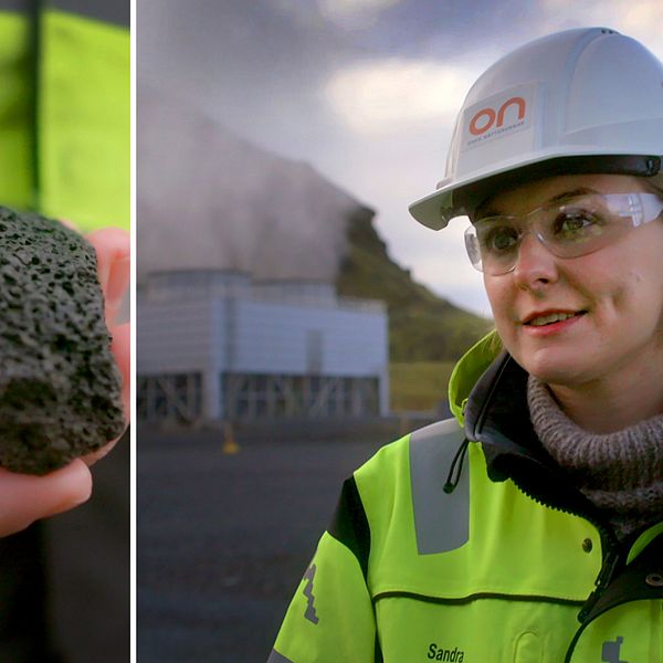 Närbild på en hand som håller i en svart balsaltsten. En bild på den isländska geologen Sandra Snæbjörnsdóttir i hjälm och skyddsglasögon.