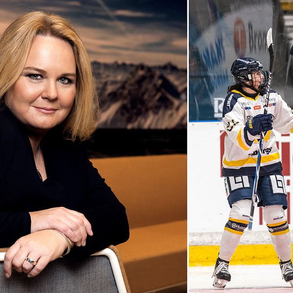 Åsa Edlund Jönsson till vänster. Jublande HV71-spelare till höger.