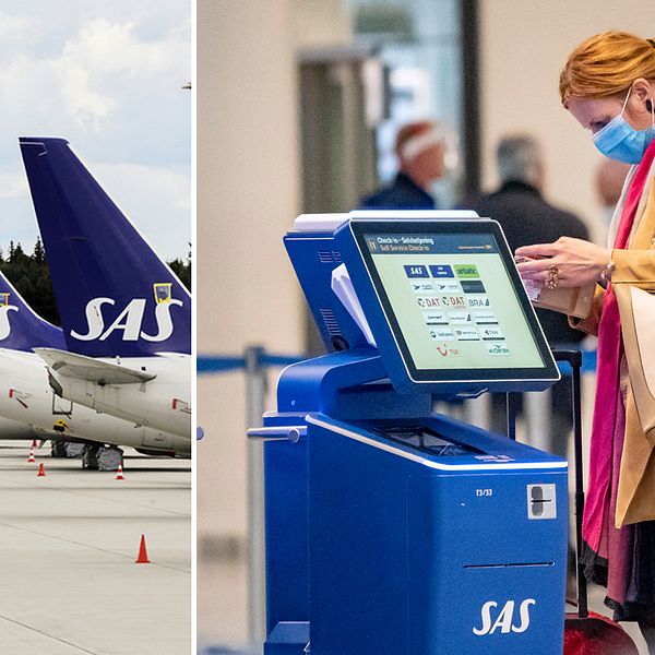 Bilden visar SAS-plan samt en kvinna med munskydd på flygplatsen Kastrup i Köpenhamn.