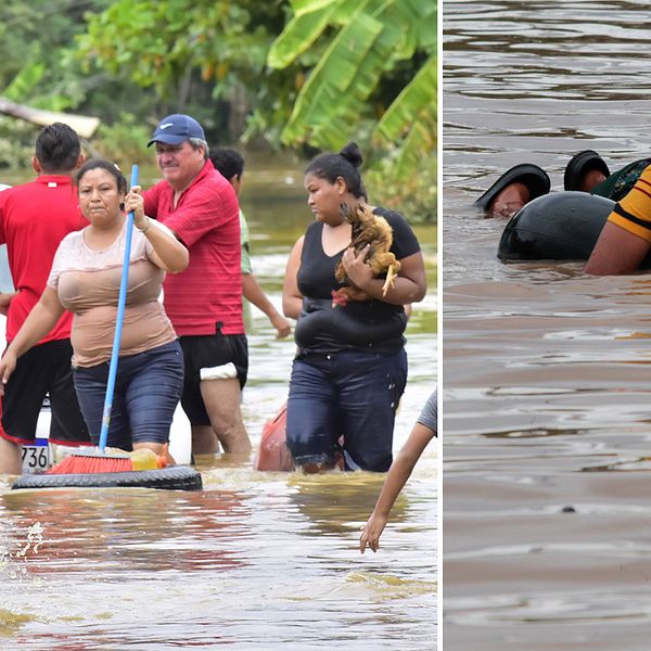 Bilden v isar kvinnor och män som försöker rädda sina ägodelar i staden El Progreso i Honduras. I samhället Planeta försöker ett barn ta sig över en översvämmad gata.