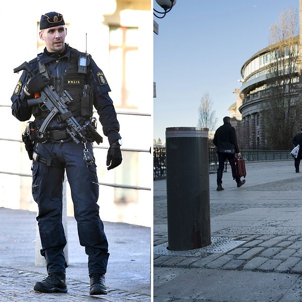 Bilden visar poliser med förstärkningsvapen på Riksbron framför riksdagen på fredagen, efter att polisen beslutat om en nationell särskild händelse med anledning av den senaste tidens misstänkta terrordåd i Europa.