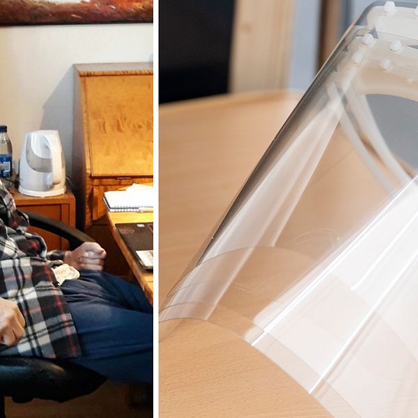 Splitbild. Vänster bildhalva: Foto på Bo Tapper som sitter ned vid ett skrivbord. Höger bildhalva: Tre visir på ett bord.