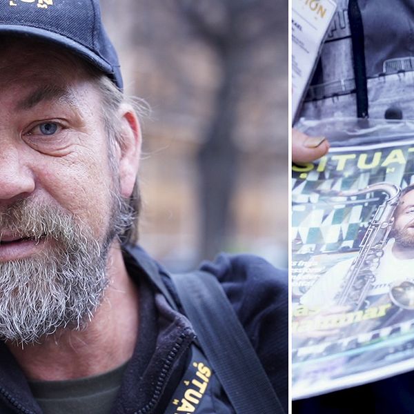Bilden visar Mikael Olsson som varit hemlös sen några år tillbaka. Han håller en bunt av gatutidningen Situation STHLM som han säljer runtom i Stockholm.