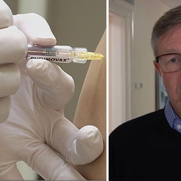 En spruta med influensavaccin ges i en arm. Smittskyddsläkaren Anders Lindblom intervjuas.