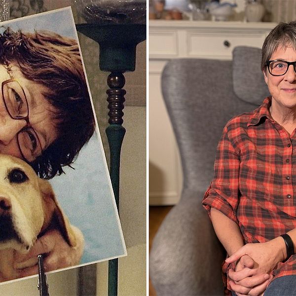 bild på foto av leende kvinna som kramar en labrador, samt porträtt på Carina – en medelålders kvinna i en fåtölj