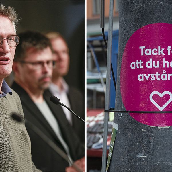 Statsepidemiolog Anders Tegnell tv. Skylt med texten ”Tack för att du håller avstånd” th.