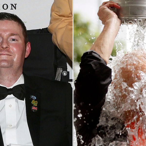 Patrick Quinn och en man som häller iskallt vatten på sig själv.