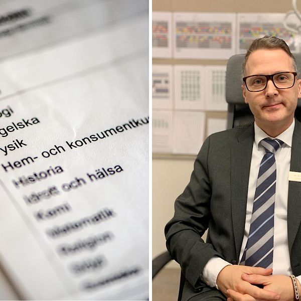 Tv en bild på ett grundskolebetygsdokument. Till höger sitter Damian Brunker i sitt arbetsrum med händerna knäppta i knät.