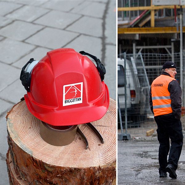 Bilden visar en röd hjälm på en byggarbetsplats samt två personer med orangea västar med ordet ”strejkvakt” tryckt på ryggen.