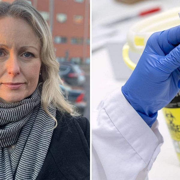 Två bilder. Porträttbild på Anna Skogstam samt närbild på ett coronatest där person i blå plasthandskar håller i ett covid-19-test.