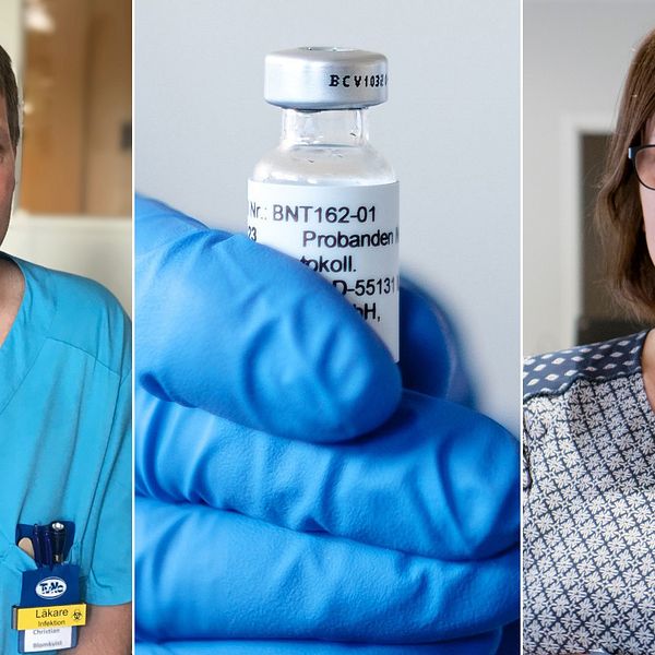 Bilden är ett collage med tre bilder. Den vänstra bilden är en porträttbild på smittskyddsläkaren Christian Romin Blomkvist från bröstet och uppåt. Den vänstra bilden är en bild på primärvårds- och rehabchef Lena Andersson Nazzal. Hon syns också från bröstet och uppåt. Mittenbilden är en bild på en hand i en blå gummihandske som håller i en vaccinflaska.