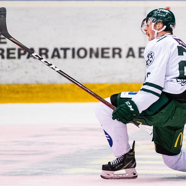 Färjestads Olle Lycksell jublar efter 0-1 under ishockeymatchen i SHL mellan Brynäs och Färjestad den 28 november 2020 i Gävle.