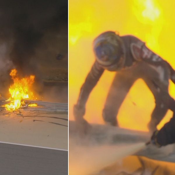 Formula 1-föraren Romain Grosjean flyr ut ur den brinnande bilen.
