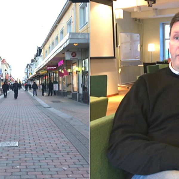 Vy över Storgatan i Piteå och bild på Ulf Fjällström, näringslivsutvecklare på Piteå kommun.