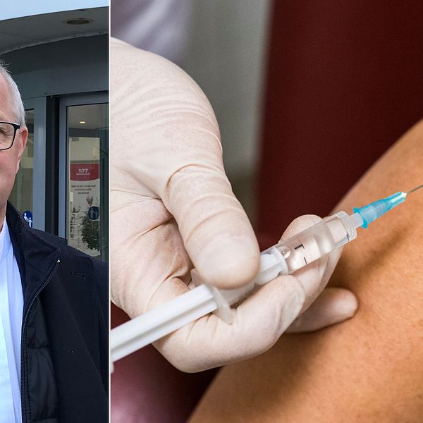 Bilden är ett collage. Den vänstra bilden är en porträttbild på Christer Jonsson, vice ordförande i regionstyrelsen Kalmar län. Han syns från bröstet och uppåt. Den högra bilden visar en arm och ett par plasthandskeklädda händer som håller i armen och i en spruta. Bilden föreställer en vaccination.
