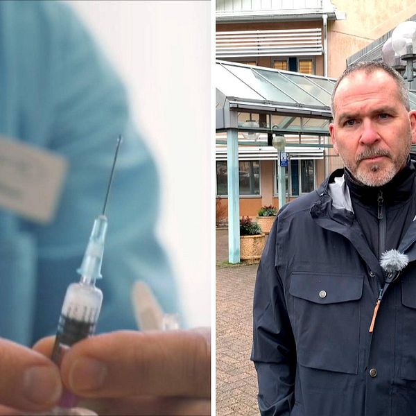 Två bilder. Till vänster vårdpersonal med en vaccinspruta i handen och till höger Anders Nordmark utanför Regionens hus i Karlstad.
