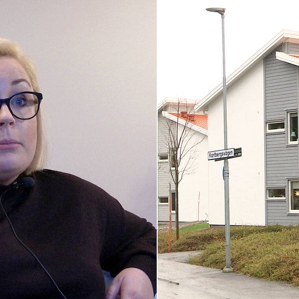 Till vänster: blond kvinna i glasögon. Till höger: Vita husfasader och vägskylt med texten ”kartbergsvägen”