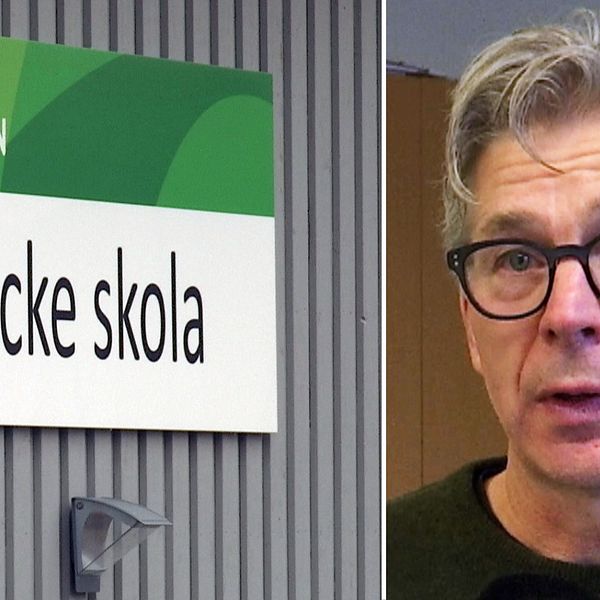 skylt på Stöcke skola, samt närbild på skolstrategen Gunnar Olofsson, en man med glasögon