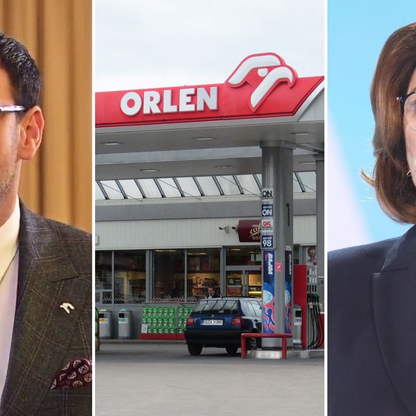 Fotomontage. PKN Orlens vd Daniel Obajtek, en av företagets bensinstationer, och oppositionspolitikern Małgorzata Kidawa-Błońska. Arkivbilder.