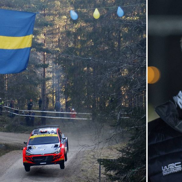 Två bilder. En rallybil och en svensk flagga på en sträcka från rallyt 2020 samt rallyts vd Glenn Olsson.