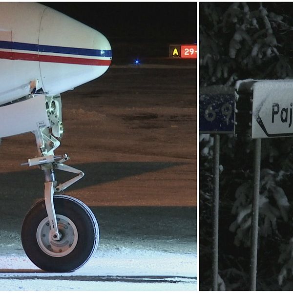 Flygplan och skylt till Pajala flygplats.