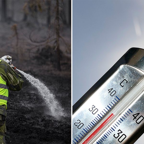 Hemvärnet på plats vid storbranden i Älvdalen 2018/ termometer visar på värmebölja.