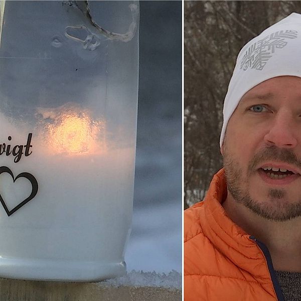 Dubbelbild. Till vänster ett tänt gravljus, till höger en skäggig man i vid mössa och orange jacka