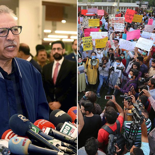 Tuffare lagstiftning mot våldtäkt har godkänts i Pakistan, efter stora protester. Bilden visar president Arif Alvi, samt människor som protesterar efter att en kvinna gruppvåldtagits då hennes bil gått sönder vid en motorväg.