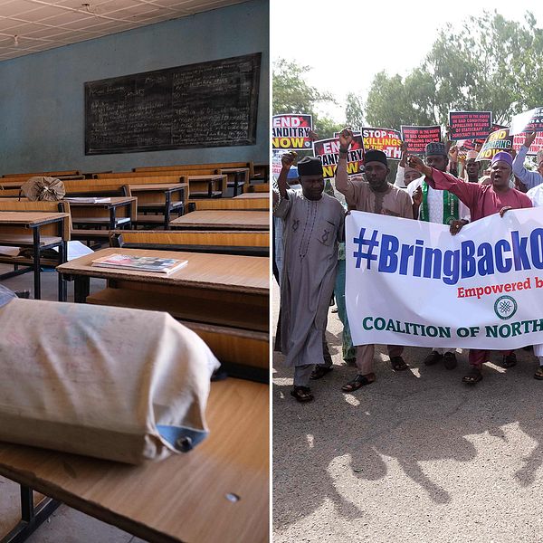 Över 300 av de pojkar som rapporterades ha kidnappats från en skola i Nigeria ska ha släppts fria. Bilden visar skolväskor som ska tillhöra några av pojkarna, samt människor som protesterar för att myndigheterna ska rädda pojkarna.