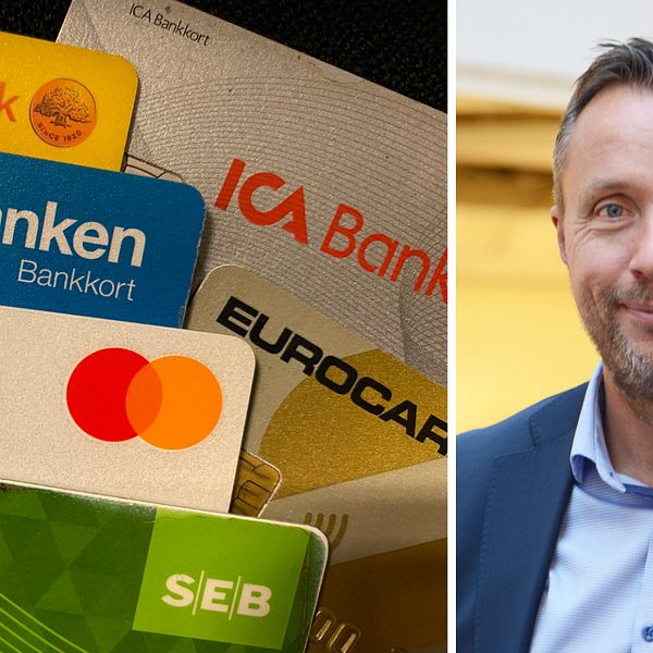På ena halvan av bilden syns kreditkort. På den andra, Per-Olof Lindh som är enhetschef på Kronofogden.