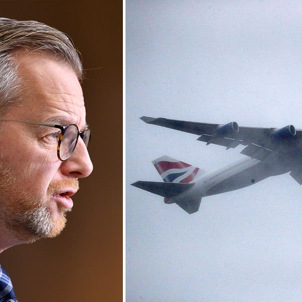 Bilden visar inrikesminister Mikael Damberg (S) samt ett brittiskt passagerarflygplan.