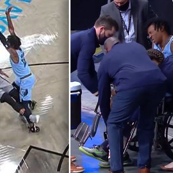 Memphis Grizzlies stjärna Ja Morant, 21, lämnade matchen mot Brooklyn i rullstol efter att ha skadat vänsterfoten.