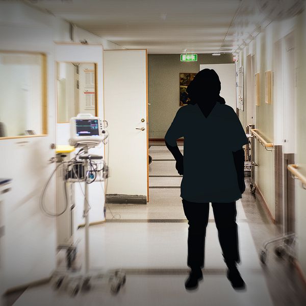 Bilden är ett montage där en inklippt siluette av en sjusköterska står i en sjukhuskorridor.