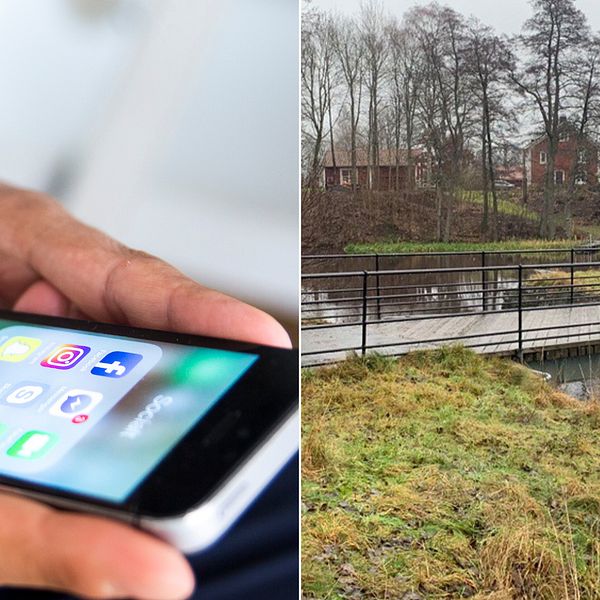 Bilden är ett collage. Den vänstra bilden är en närbild på ett par händer som håller i en smartphone. Den högra bilden föreställer en bro med svart metallstaket. I bakgrunden syns två röda hus och nakna träd.