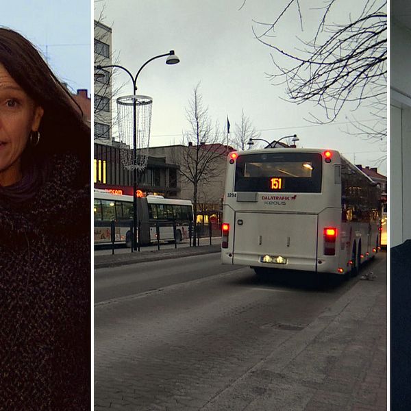 en kvinna med munskydd i handen, en buss och en man med grått hår.